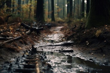 A picture of a muddy path surrounded by trees in the woods. This image can be used to depict nature, hiking, outdoor activities, or a serene forest scene