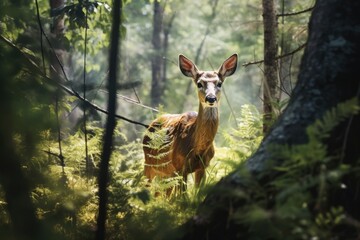 A deer standing in the middle of a forest. This image can be used to depict wildlife, nature, or peacefulness
