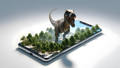 Scène surréaliste : Dinosaure Tyrannosaure - Rex géant dans un paysage forestier qui sort d'un téléphone - obrazy, fototapety, plakaty