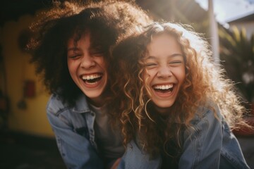 Two women are captured in a moment of pure joy as they laugh and have fun together. This image can be used to depict friendship, happiness, and the joy of shared experiences