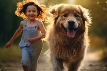 A little girl running with a dog on a dirt road. Suitable for outdoor activities or pet-related themes.