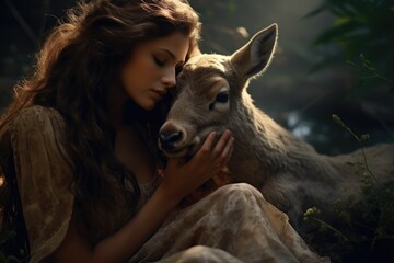 A woman gently cradling a deer in her arms. This heartwarming image captures the bond between humans and animals. Perfect for illustrating compassion and love for nature.