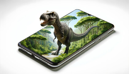 Scène surréaliste : Dinosaure tyrannosaure - rex géant dans un paysage forestier qui sort d'un téléphone