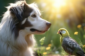 A picture of a dog and a bird sitting together in the grass. This image can be used to depict friendship, harmony, or a peaceful outdoor scene