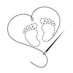 Silhouette of heart and baby feet with interrupted contour. Copy space vector illustration of handmade work with embroidery thread and sewing needle on white background.	
