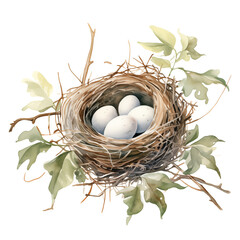 Watercolor Bird Nest with Leaves and Four Eggs on Transparent Background, Ideal for Nature-themed Designs