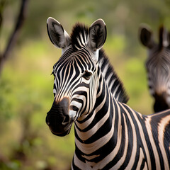 Fototapeta na wymiar Selective focus shot of a beautiful zebra in jungle