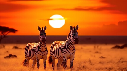 Zebra and wildebeest group with amazing sunset