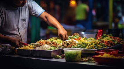 a man standing over a table filled with lots of different types of food on top of metal pans filled with sauces and condiments on top of other dishes. - obrazy, fototapety, plakaty