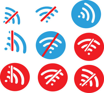 wi icon wireless network icon set. Set Of Blue Wifi with red alert disconnect not working Icon Vector 
