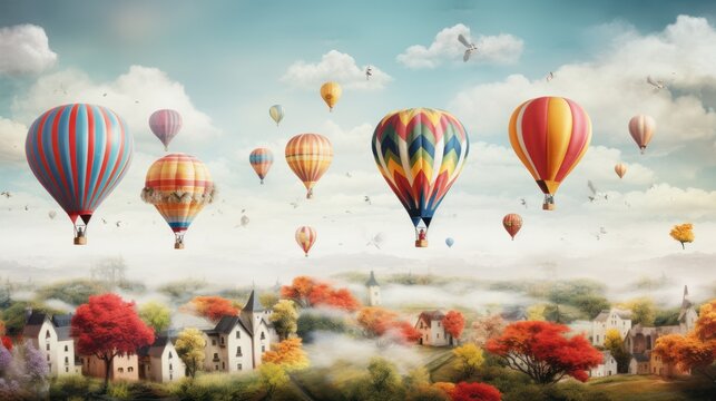  a painting of a bunch of hot air balloons flying in the sky over a town with houses and trees in the foreground and a blue sky with clouds in the background.