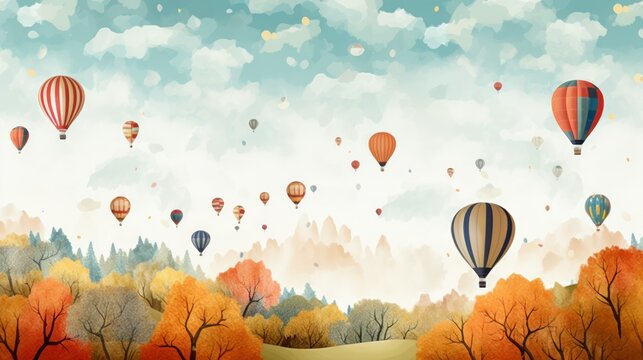  a painting of many hot air balloons flying in the sky above a wooded area with trees and a blue sky with clouds and a few scattered