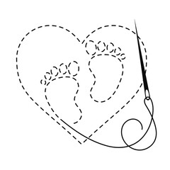 Silhouette of heart and baby feet with interrupted contour. Copy space vector illustration of handmade work with embroidery thread and sewing needle on white background.	