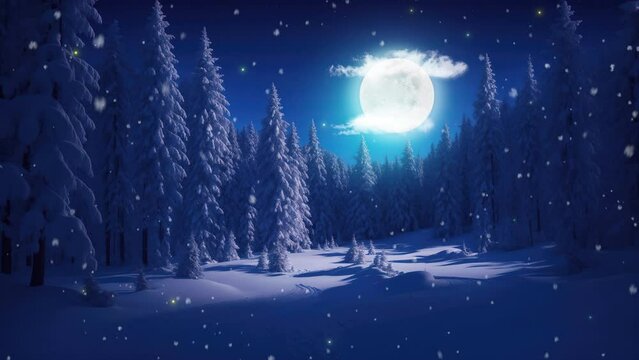 Fantastic winter landscape with snow covered trees and full moon with clouds