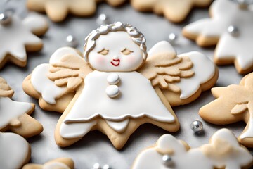 Fototapeta na wymiar Generate an image of a close-up angel-shaped sugar cookie with silver edible beads