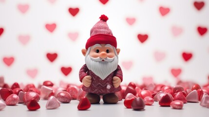 Obraz na płótnie Canvas a gnome figurine surrounded by hearts in front of a white background with red hearts in the shape of a heart and a white background with red hearts in the shape of hearts.