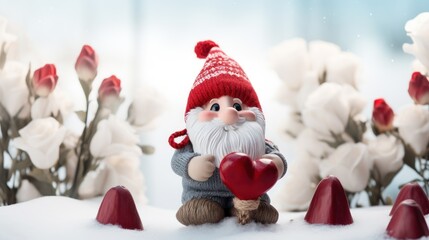  a figurine of a gnome holding a heart sitting in the snow with white flowers in the back ground and a blue sky in the back ground in the background.