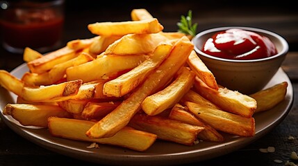 Delicious french fries with tomato sauce