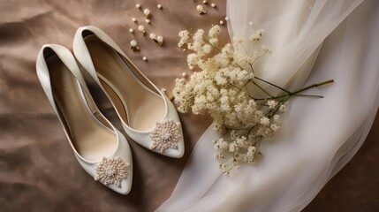  a pair of white wedding shoes next to a bouquet of white baby's breath flowers on a bed of white chiffon with a drap drape.