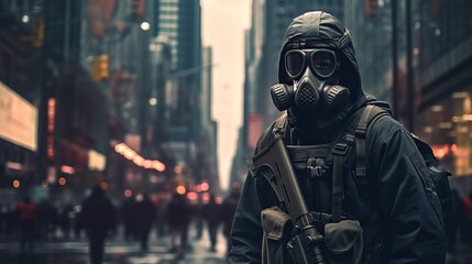 Man wearing a gas mask apocalypse standing in the middle of the city - obrazy, fototapety, plakaty