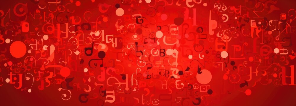 crimson canvas filled with an assortment of musical notations and abstract shapes