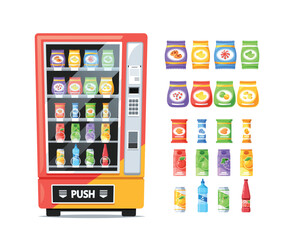 Vending Machine With Colorful Buttons And Lights, Offers An Array Of Tempting Snacks And Beverages, Neatly Arranged