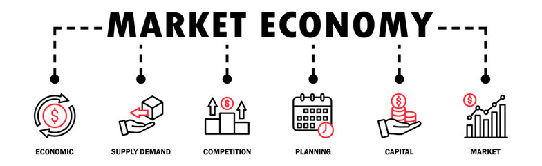 Market economy banner web icon vector illustration concept with icon of economic, supply demand,...