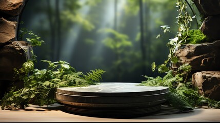 Natural stone and concrete plinth in natural green background for empty display for packaging product presentation. cosmetic product background Scene with green leaves Simulate the base Generate AI