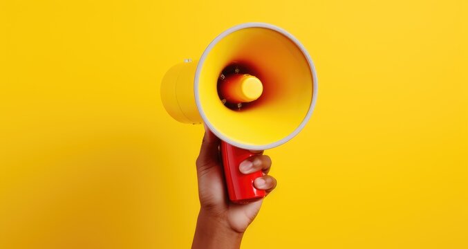 hand holding megaphone against a bright yellow background