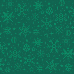Fototapeta na wymiar Merry Christmas Pattern, Greeting Card, Wrapping Design Template with Snowflakes on Green Background. Holidays, Xmas Vector Illustration