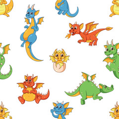 Obraz premium Delightful Seamless Pattern Featuring Adorable Cartoon Dragon Characters In Vibrant Colors, Playfully Intertwined