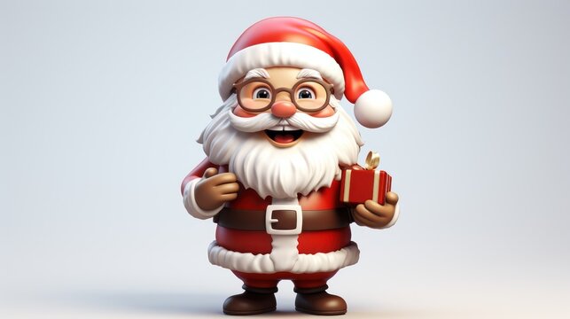  a very cute looking santa clause holding a small box of christmas presents on a gray and white background with a blue sky in the backround of the image.