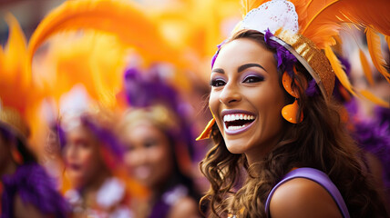 Carnival parade, Latin dancer with purple costume and orange feathers. Generative AI.