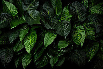 Green leaves on a black background. Generative Ai
