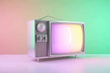 Holographic metallic 3D retro TV on gradient pastel colors background
