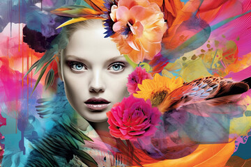 Young woman collaged with flowers in bright colors as abstract art collage