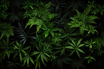 Green leaves on a black background. Generative Ai