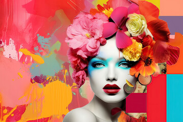 Young woman collaged with flowers in bright colors as abstract art collage