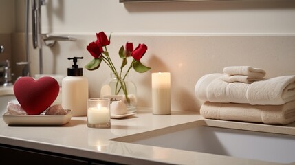 A bathroom countertop with heart-shaped soap dispensers, candles, and fluffy red towels.
