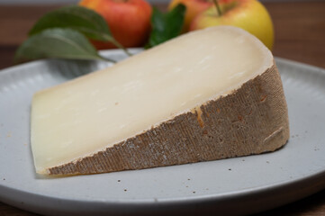 Piece of tasty Ossau-Iraty or Esquirrou sheep cheese produced in south-western France, Northern Basque Country