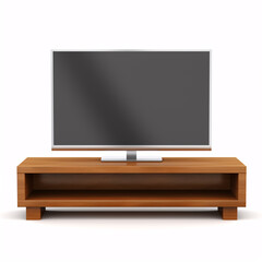 A brown, wooden television stand stands out against a pristine white backdrop.