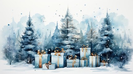  a watercolor painting of christmas presents in front of a snowy scene with evergreen trees and snow falling on the ground and snow falling on the ground and falling on the ground.