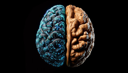 Split image of a walnut and left brain hemisphere