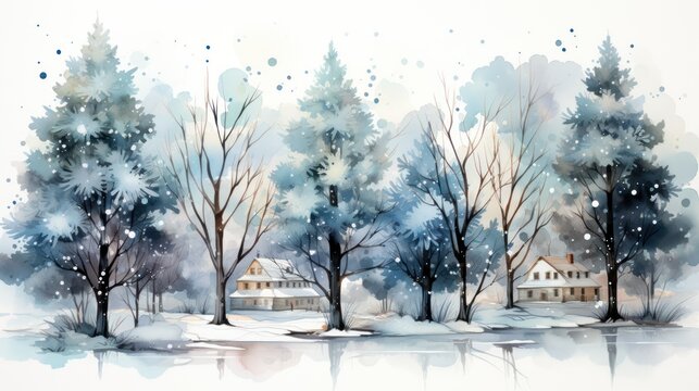  a watercolor painting of a winter scene with a house in the distance and trees in the foreground with snow falling on the ground and snow on the ground.