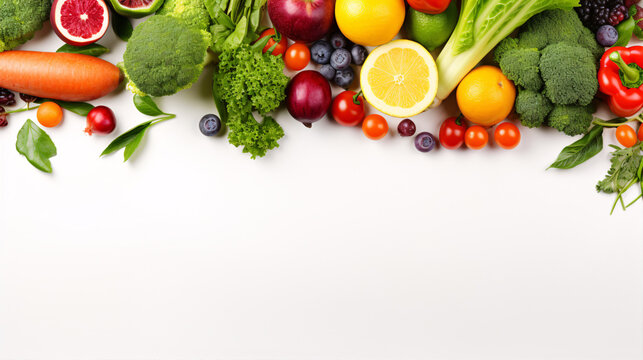 A high-resolution image of assorted fruits and veggies on a pristine white backdrop provides a great backdrop for a nutritious meal.