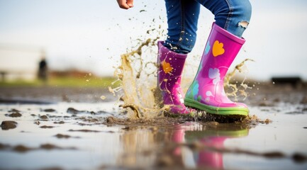 child wearing green and pink rain boots jumping - obrazy, fototapety, plakaty