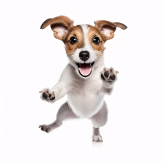 A Jack Russell Terrier pup jumps joyfully against an isolated white backdrop.