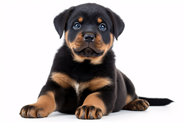 Obraz premium A pup Rottweiler stands against a pallid backdrop.