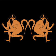 Symmetrical ethnic design with two squatting ancient Greek satyrs. Vase painting style. - obrazy, fototapety, plakaty