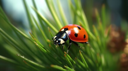 Fototapeta premium ladybug on green grass with dew drops macro close up